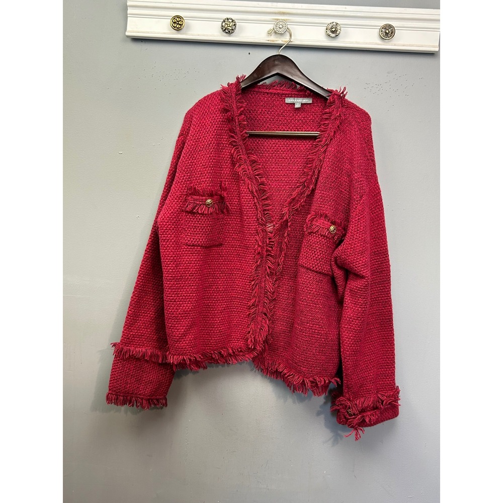 KATE & MALLORY Red Tweed Knit Fringed‎ Cardigan Sweater Jacket 3X Gold Buttons